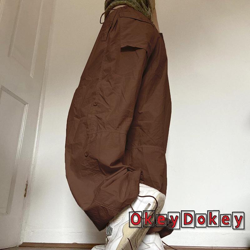 Quần Dài Lưng Cao Ống Rộng Dây Rút Phối Túi Y2K Phong Cách Vintage Cho Nữ