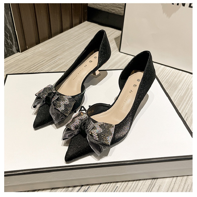 Giày Cao Gót Mũi Nhọn Đính Nơ Màu Đen Phong Cách Hàn Quốc Quyến Rũ Cho Nữ