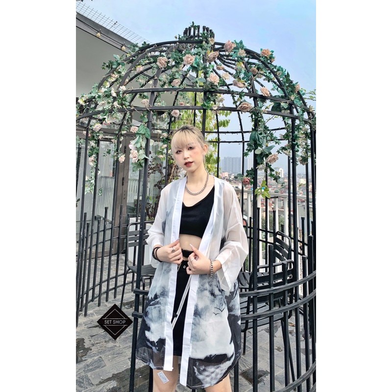 Áo kimono voan hoạ tiết