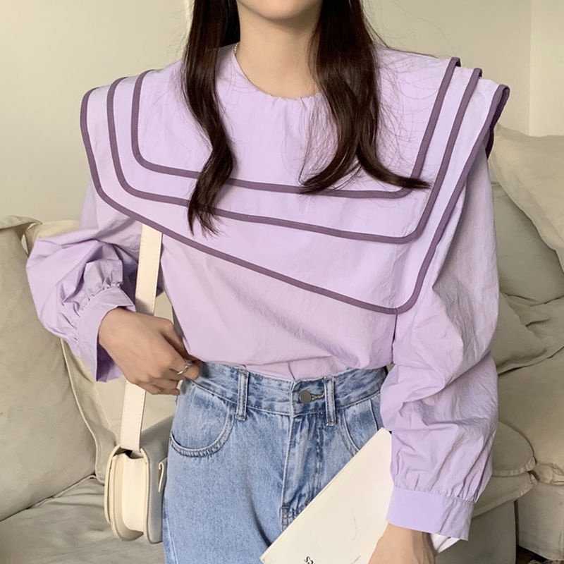 Áo Sơ Mi Tay Phồng Ba Lớp Màu Sắc Tương Phản Phong Cách Hàn Quốc Thời Trang Cho Nữ
