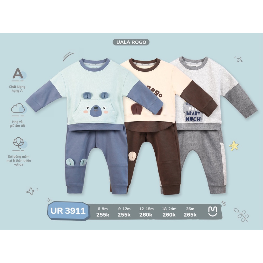 Bộ Uala Rogo cotton nhẹ dài tay gấu teddy túi cao cấp mềm mịn cho bé trai bé gái 3911