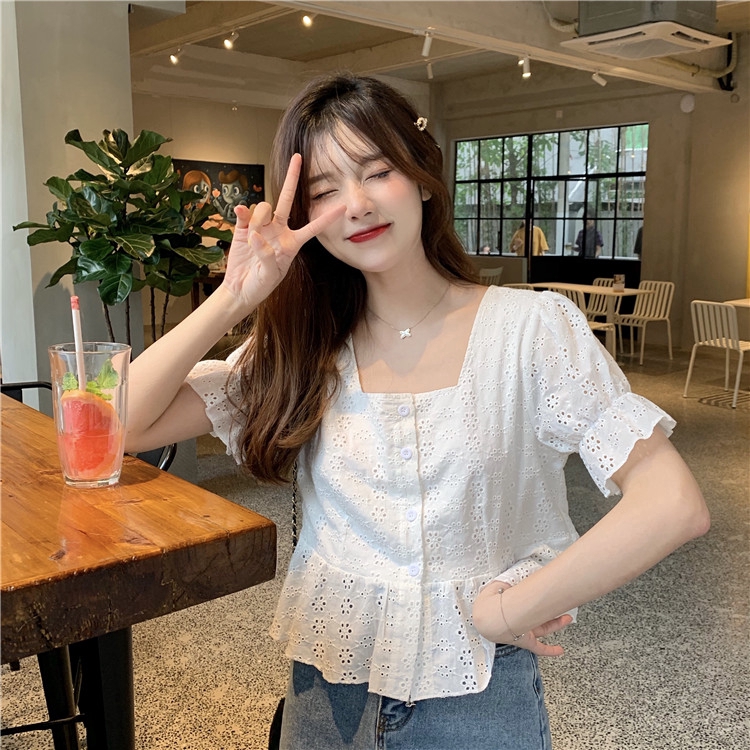 Áo sơ mi cotton tay ngắn màu trắng kiểu thanh lịch dành cho nữ