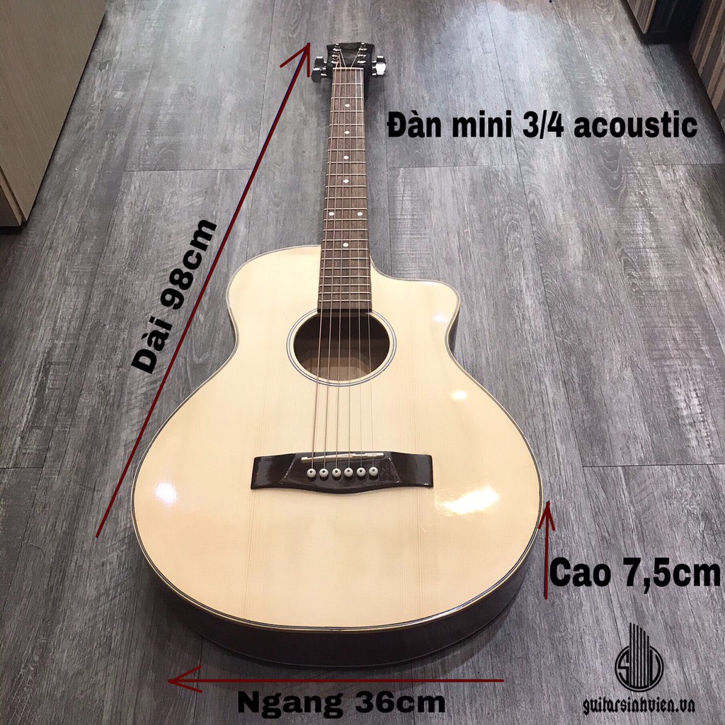 Đàn guitar acoustic dáng mini dây sắt size 3/4 - Cao 98cm - màu đen - tặng kèm phụ kiện