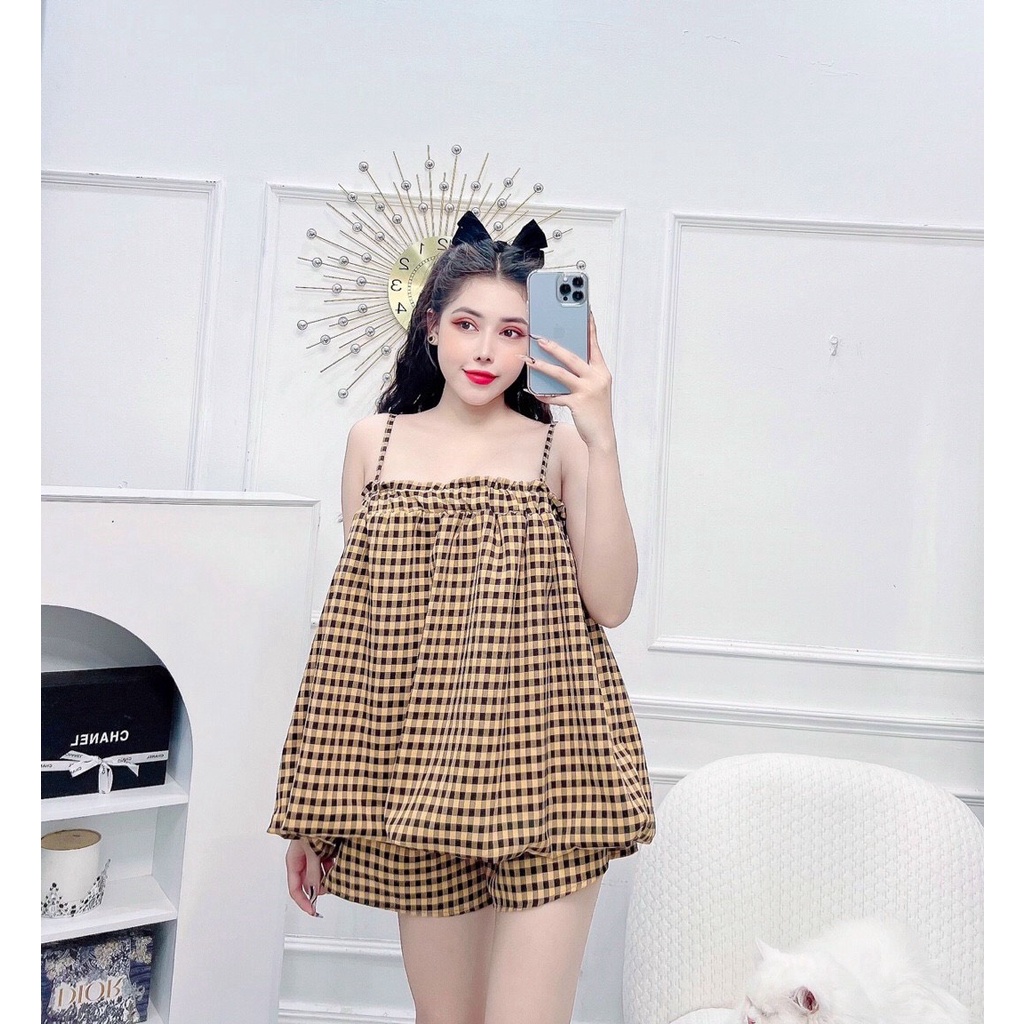 ( MIỄN PHÍ SHIP 2022) Set bộ ngủ nữ áo hai dây, set bộ bí caro nữ ngắn mặc ở nhà, đi chơi dễ thương