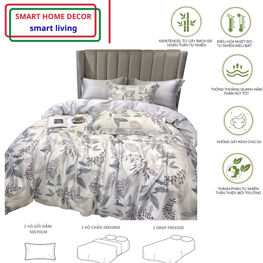 Bộ chăn ga gối 100%Tencel 60s chất liệu siêu mềm mát mịn, Phiên bản in 2 mặt hoa lá 3D sắc nét