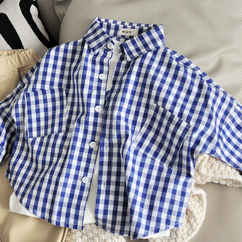 Áo Sơ Mi Cotton Tay Dài Dáng Rộng Kẻ Sọc Caro Màu Xanh Dương Thời Trang Xuân Thu Hàn Quốc Cho Bé Trai 08