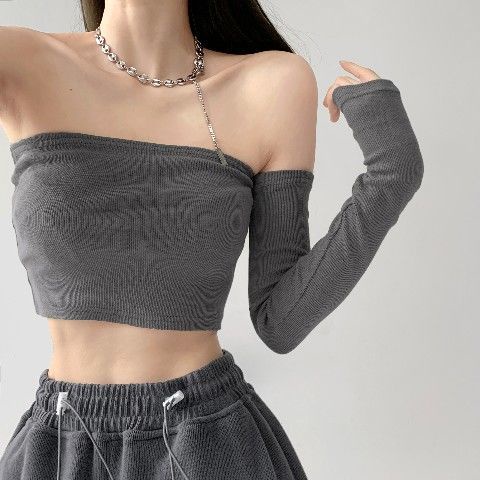 Crop top Dệt kim cắt sexy skinny dài tay bandeau top