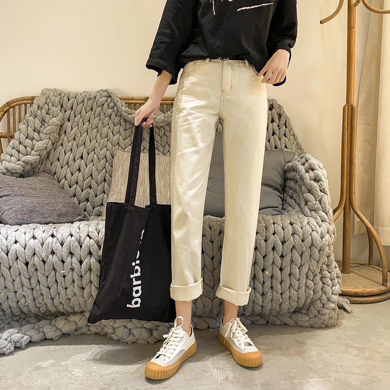 SUXI Quần jeans lưng cao ống rộng phong cách Hàn Quốc