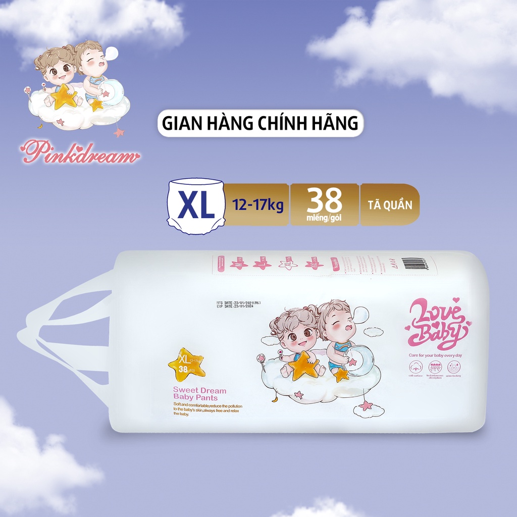 Tã/Bỉm quần hữu cơ PinkDream Love Baby size XL 38 miếng cho bé từ 12- 17kg