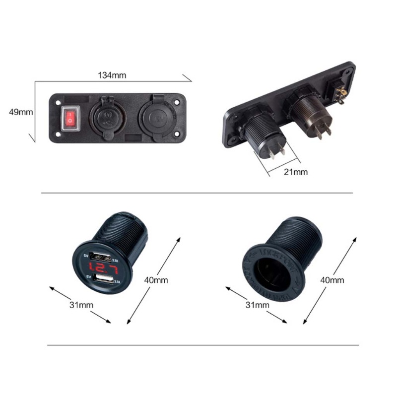 Ổ CắM 2 CổNg USB 12V 24V Vôn Kế + ĐèN LED Xanh Dương Cho Xe Hơi / TàU