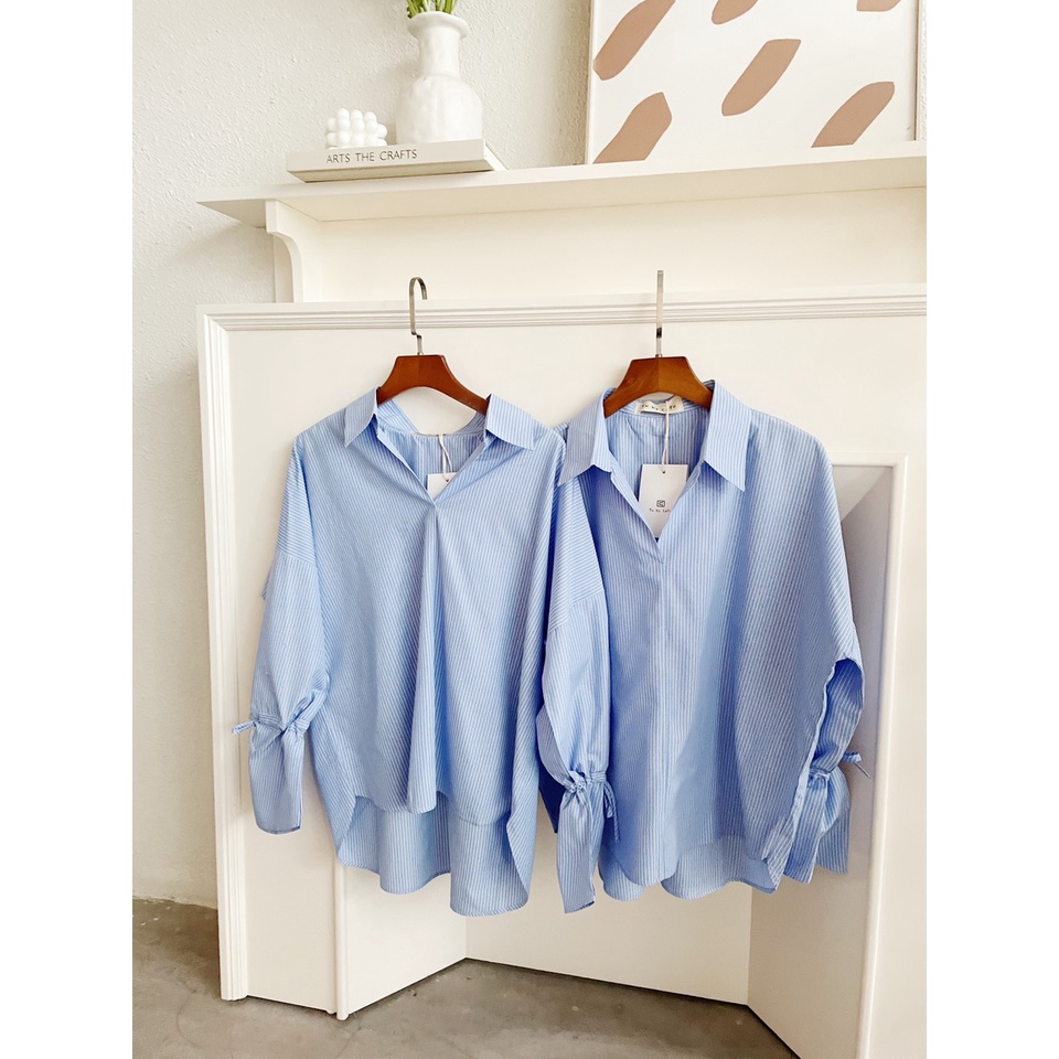 TUBYCATU | Áo sơ mi sọc xanh tay cột dây