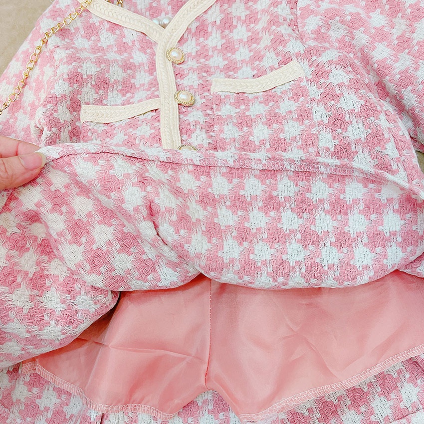 SET VÁY DẠ CADIGAN DÀI TAY HỌA TIẾT HOUNDSTOOTH KÈM TÚI ĐEO CỰC XINH CHO BÉ GÁI SIÊU ẤM ÁP SIZE 15-34KG [V28]