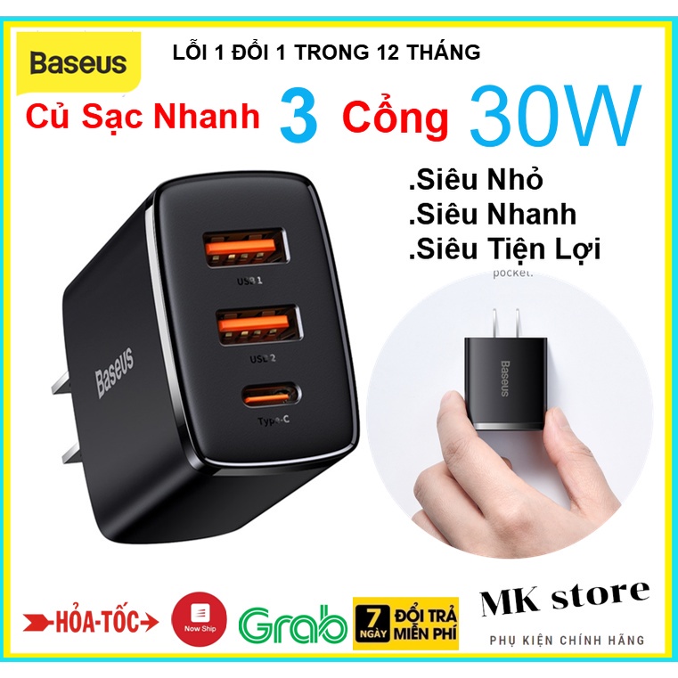 Củ Sạc Nhanh 3 Cổng 30W Baseus Siêu Nhỏ Gọn, Dùng Cho Iphone , Ipad , Samsung , Xiaomi . 2 USB + 1C Sạc nhanh PD3.0 QC3