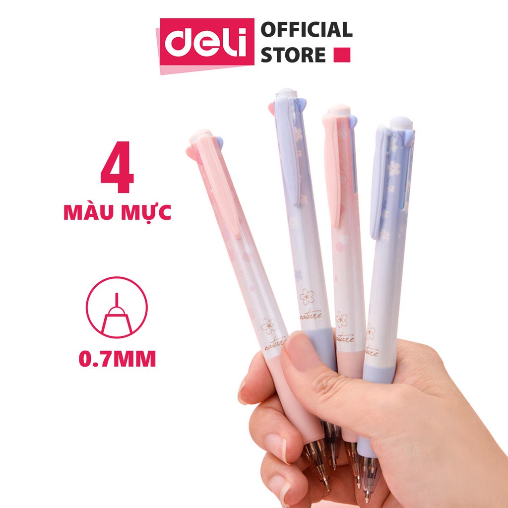 Bút Bi 4 Ngòi 4 Màu Mực Ngòi 0.7mm Deli - Bút Bi Học Sinh Cute Hoa Anh Đào Viết Bi Nhiều Màu Văn Phòng Trang Trí Sổ Tay