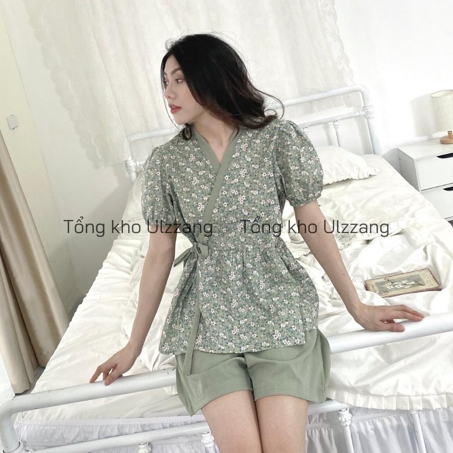 Set Bộ Kimono Hoa Nhí Cộc Tay Phối Quần Sooc Đũi