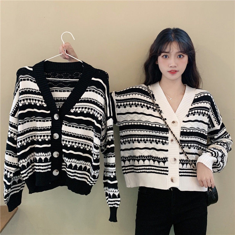 Áo Khoác Cardigan Dệt Kim Dáng Rộng Họa Tiết Kẻ Sọc Thời Trang Thu Đông Phong Cách Hàn Quốc