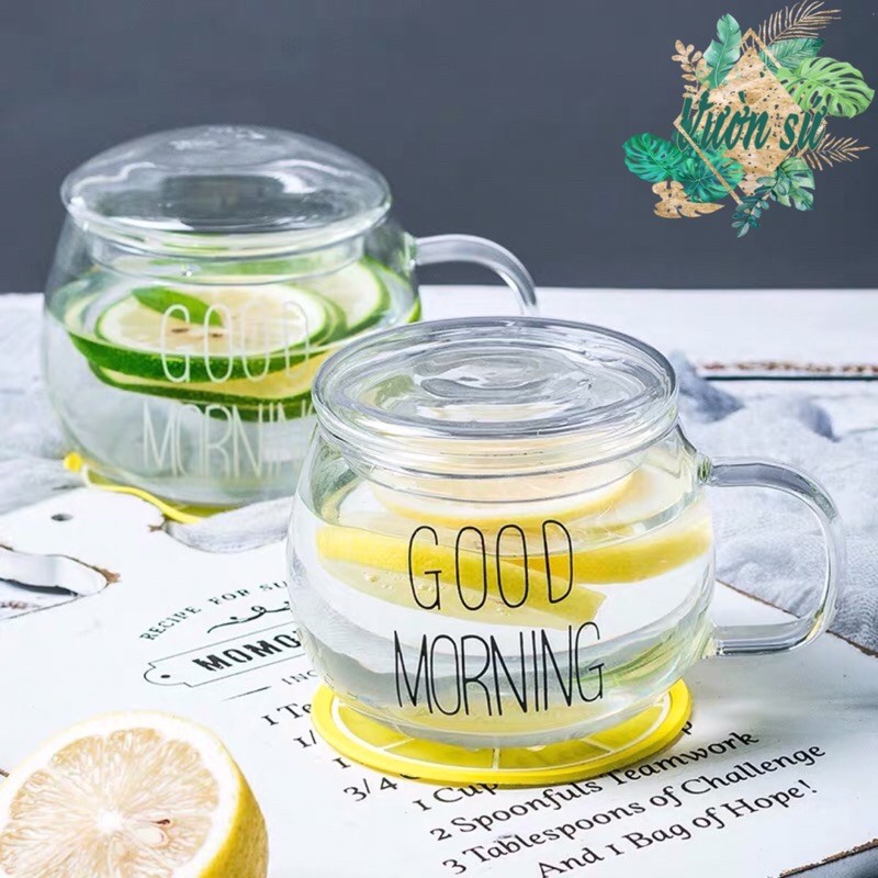 Ly thủy tinh dễ thương uống nước cute GOOD MORNING 350 ml Cốc thủy tinh chịu nhiệt có quai - VS65