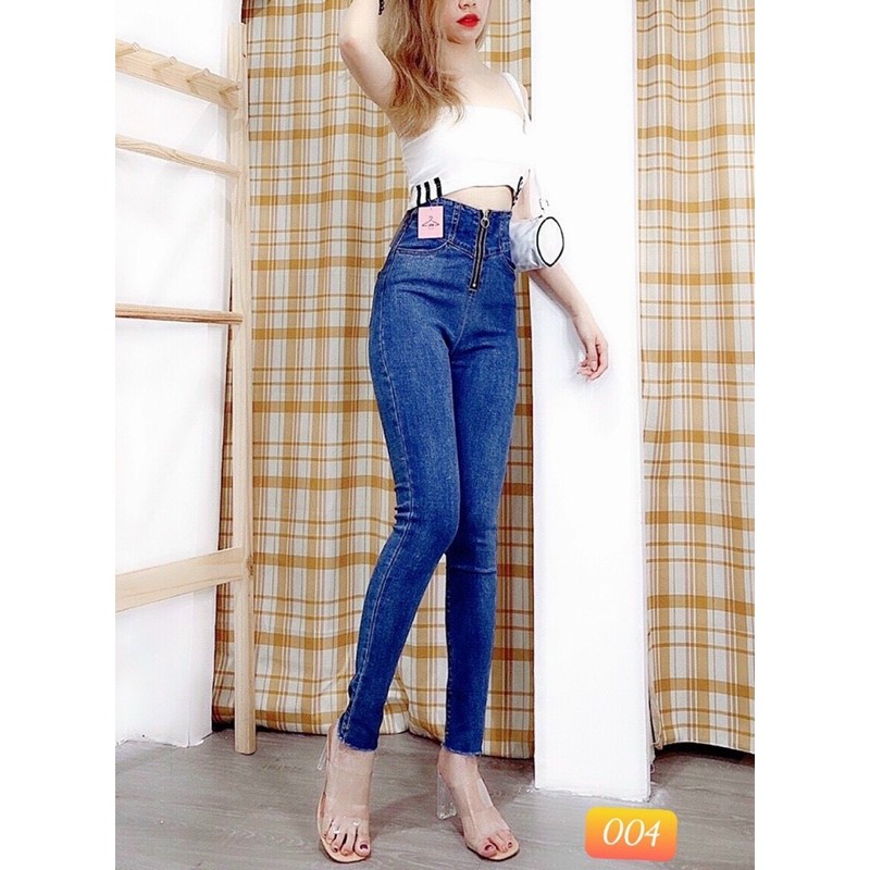 Quần jean dài giãn lưng cao kéo khoá, kèm ảnh thật