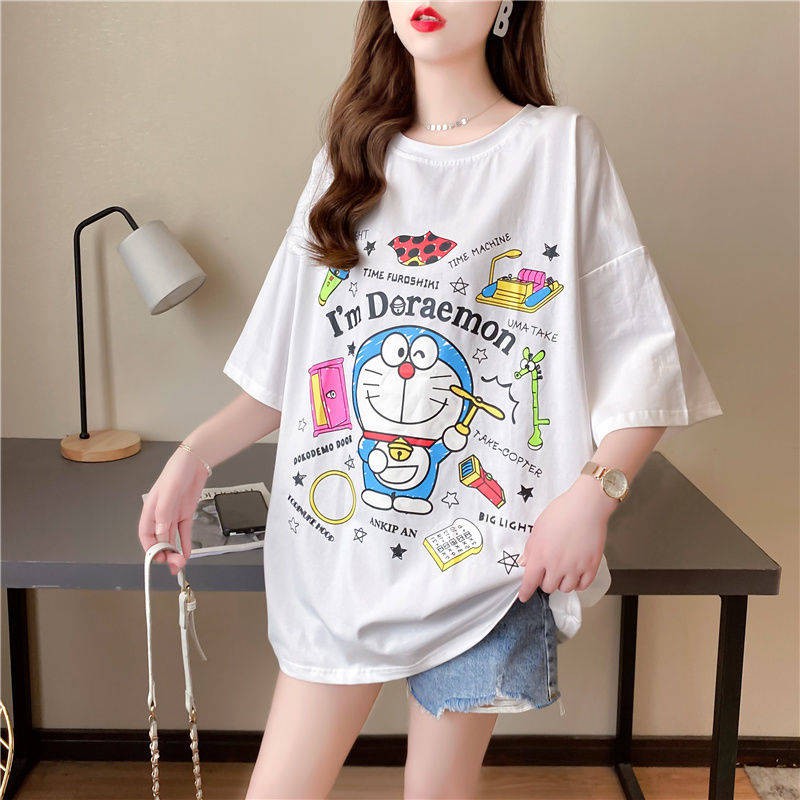 Tay áo ngắn Doraemon, áo phông nữ, phiên bản net đỏ Hàn Quốc, xu hướng lỏng lẻo, 2021 mới, mùa hè, áo dài, sinh viên,