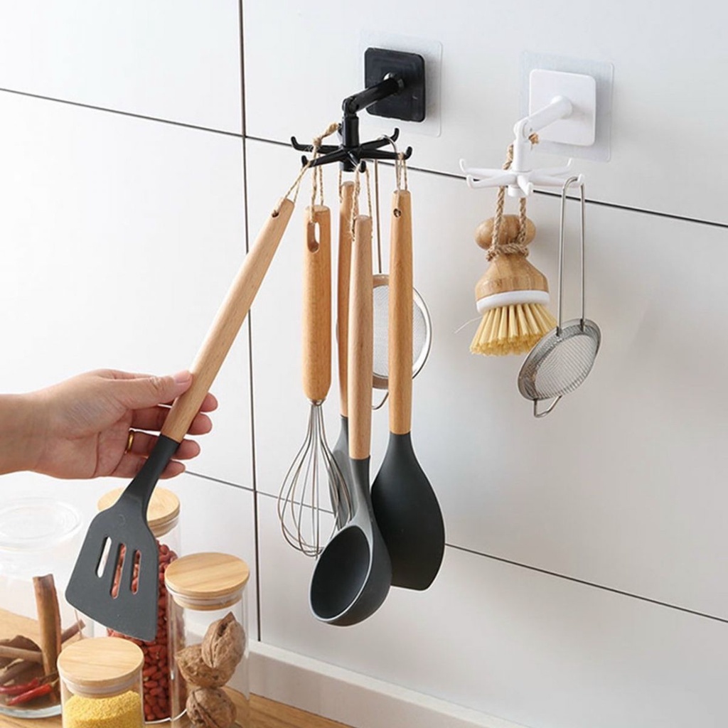 Móc treo dán tường có 6 nhánh xoay 360° giá treo đồ nhà bếp móc chìa khóa decor trang trí nhà cừa đồ gia dụng