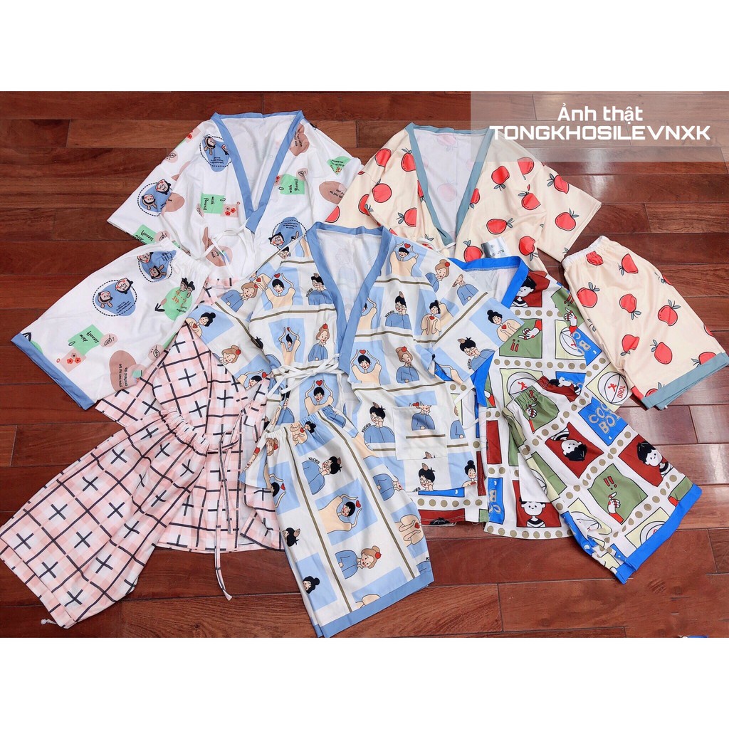 Bộ Pijama Nữ Dây Eo Cộc Tay Icon 🦋 Set Ngủ Mặc Nhà Ngắn Tay Nhiều Màu 🦋 Bộ đồ Kimono Kẻ Emo Nam nữ - Yukata quả đào