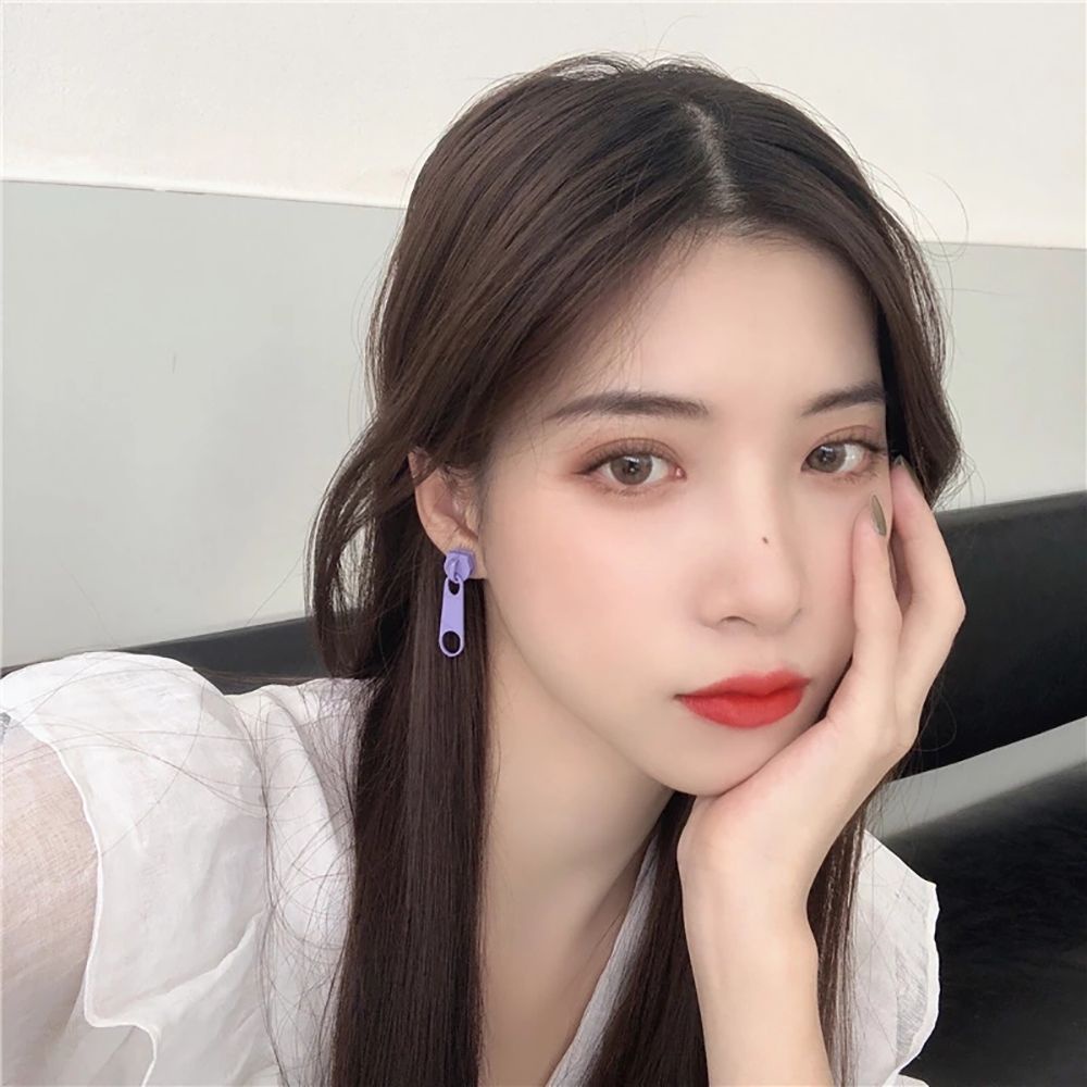 Khuyên tai SKJK bằng kim loại thiết kế khóa kéo dễ thương có nhiều màu phong cách Hàn Quốc