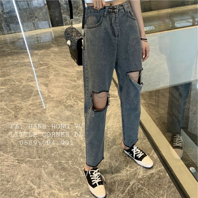 Quần slim baggy jeans xám rách ô xẻ cạp cao ulzzang kèm ảnh thật