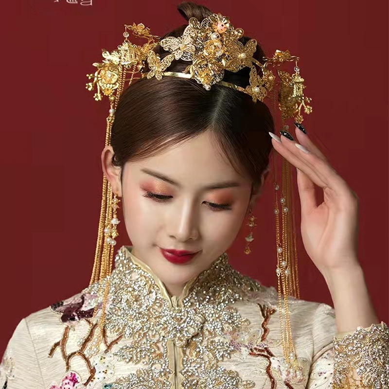 [Aishang Trang Sức Đẹp] Trâm Cài Tóc Xiuhe Vàng Tích Hợp Phụ Kiện Hóa Trang Cô Dâu Phong Cách Trung Hoa Cổ Điển Xiuhe Xiuhe Xiuhe