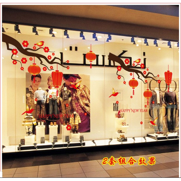 Decal trang trí Tết - Cành Mai Đỏ cùng Chim và lồng đèn đỏ