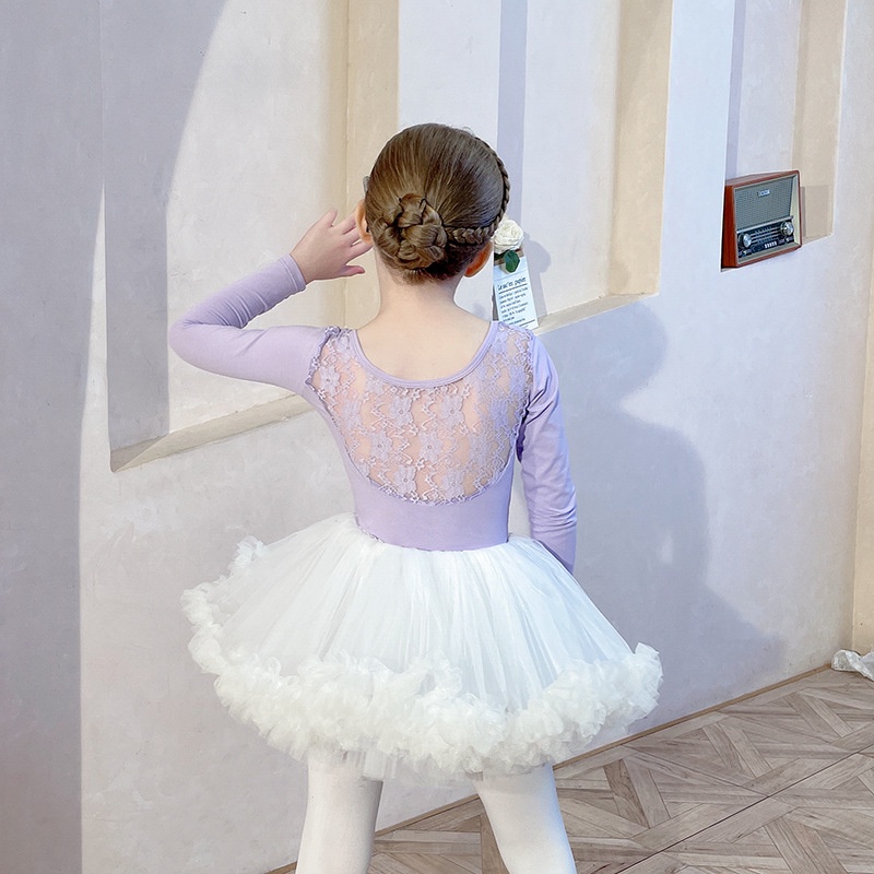 Đầm Múa Ballet Tay Ngắn Phối Ren Màu Tím Thời Trang Mùa Hè Cho Bé Gái