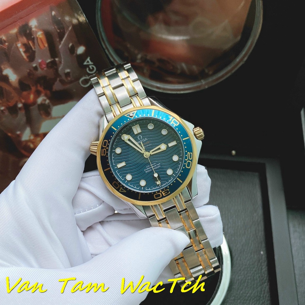 Đồng hồ nam Omega Seamaster Diver 42mm máy Nhật Automatic, mẫu mặt tròn 2 núm vặn, màu xanh viền vàng
