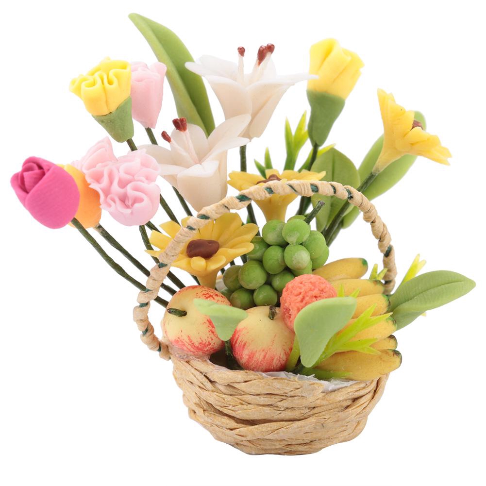 Giỏ hoa và trái cây giả thu nhỏ 1:12 bằng nhựa đồ chơi trang trí nhà búp bê