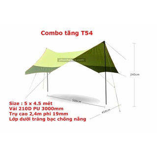 Combo Tấm tăng/tarp T54 kèm 2 cây trụ 2m4 8 cọc 8 dây 8 khoá tăng giảm