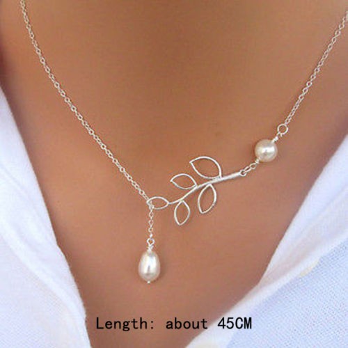 Dây chuyền dáng dài hình chiếc lá đính ngọc trai nhân tạo