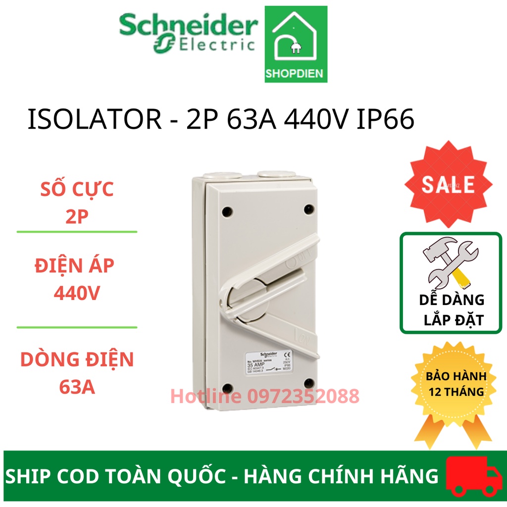 Ngắt điện, cầu dao cách ly chống thấm nước Schneider Isolator 1 pha 2P WHD 20A,35A,55A,63A IP66