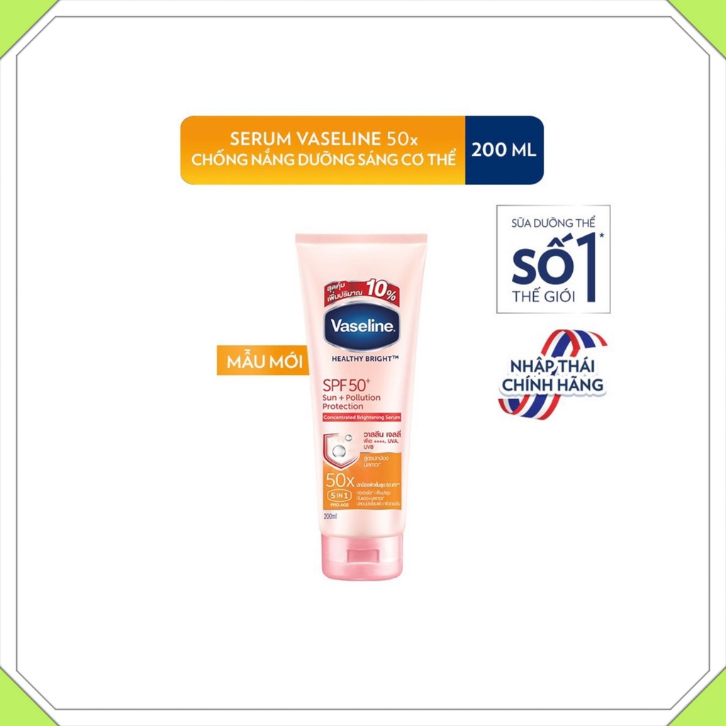 Serum chống nắng cơ thể Vaseline 50x bảo vệ da với SPF 50+ PA++++ giúp da sáng rạng rõ với Niacinamide 200ML / 320ML