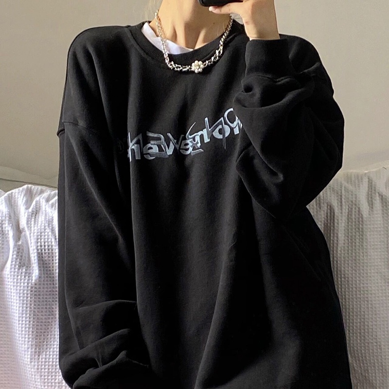 Áo Nỉ Dài Trung Bình Cổ Tròn Dáng Rộng In Chữ Thời Trang Mùa Thu Cho Nữ