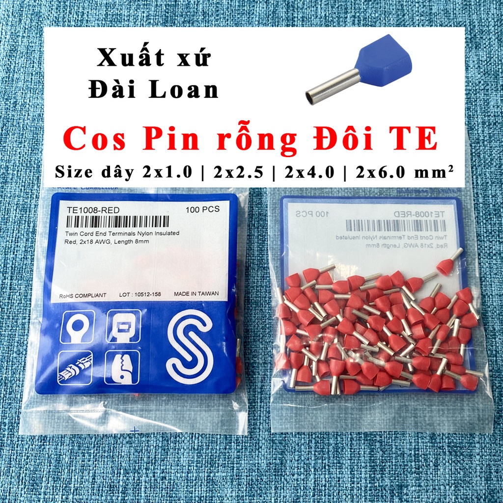 Đầu cos pin rỗng dây đôi TE cho dây tín hiệu 1.0~6.0mm2 bằng Đồng TE1008 - TE1508 - TE2508 - TE2512 - TE4012 - TE6014