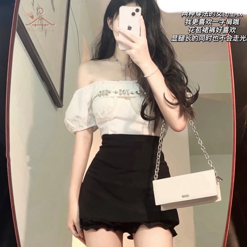 Sét áo trễ vai + chân váy chữ A cách điệu phong cách Hàn Quốc trẻ trung, xinh xắn