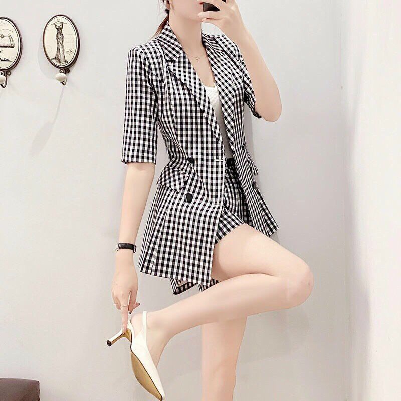 SET ÁO KHOÁC CARO TAY NGẮN CỔ VEST