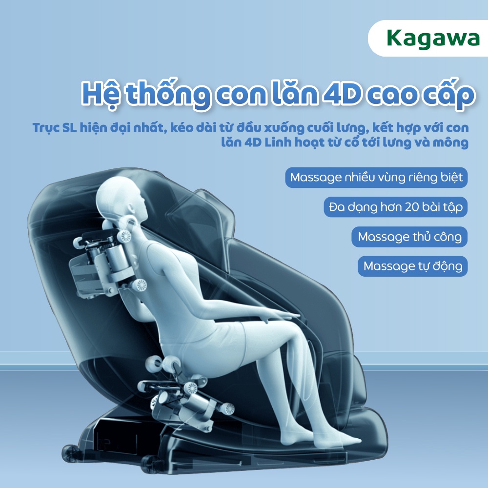 Ghế massage toàn thân Kagawa K6 pro con lăn 4D, đa năng, tự động xoa bóp từ cổ, vai, gáy đến chân
