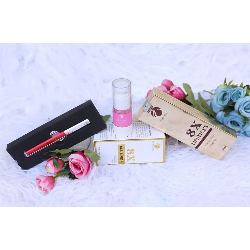 COMBO KHỬ THÂM LÀM HỒNG MÔI 8X BEAUTY - TẶNG SON KEM ĐỎ SAN HÔ LIPSTICK CAO CẤP TRỊ GIÁ