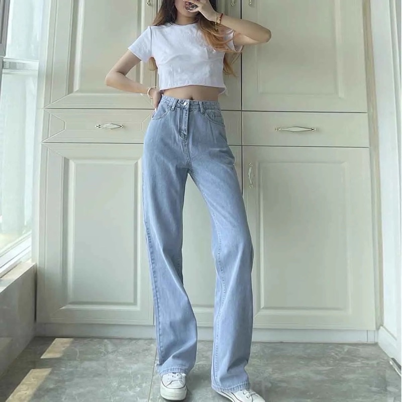 Quần Jean Nữ Màu Xanh Nhạt Loại 1 Ống Suông Cạp Cao, Quần Bò Nữ Ống Đứng Basic Mặc Đi Học Đi Làm Phong Cách Ulzzang