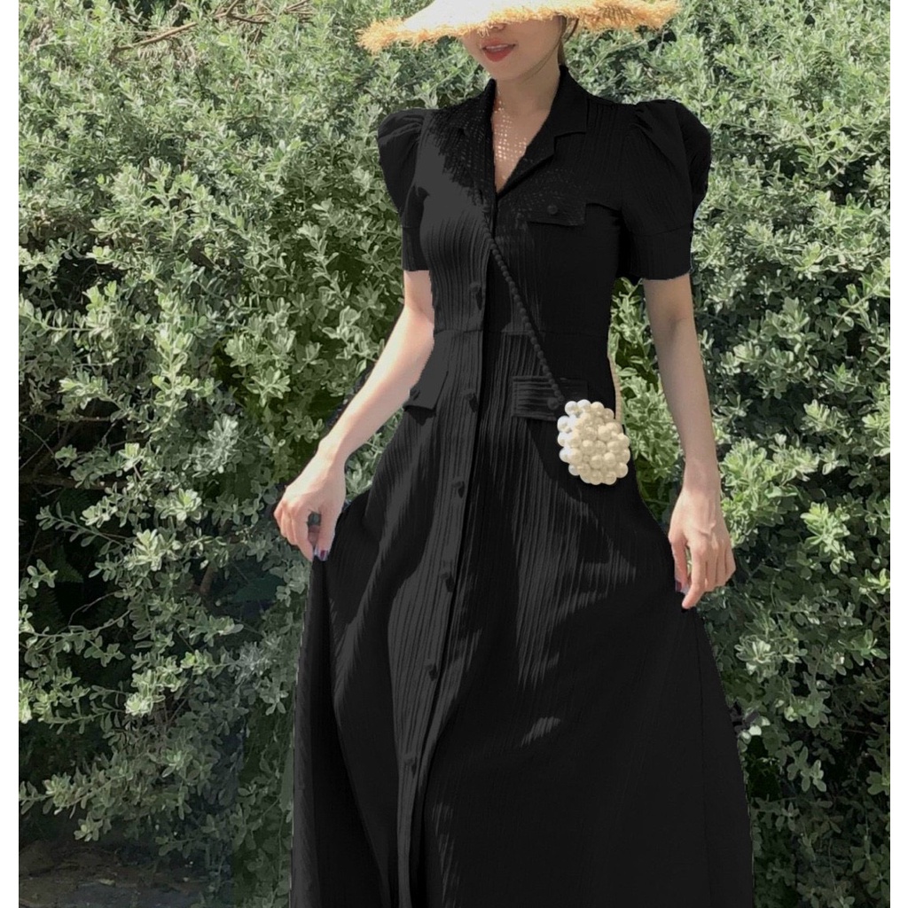 MAXI VẢI SỌC CỔ SƠ MI TAY BÚP