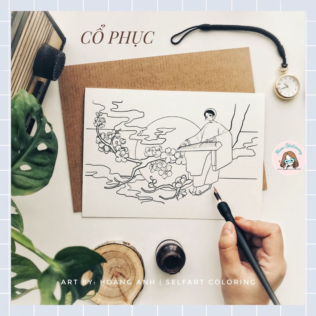 Tranh tô màu - "Cổ phục Việt Nam" của hoạ sĩ Hoàng Anh, 4 tranh giấy coldpress 300gsm