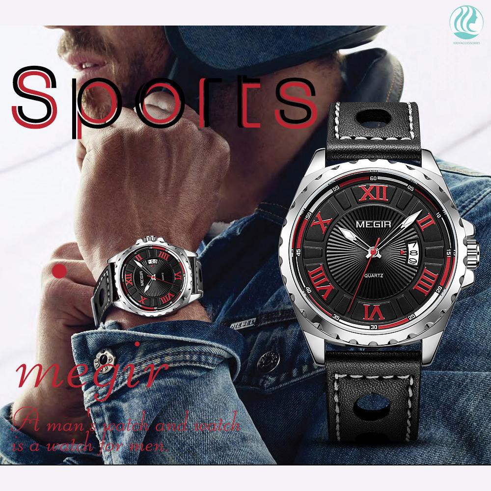 🌱MEGIR 1019G Men Watch Quartz Sport Watch Waterproof Roman Numeral Dial Classic PU Strap Calendar Wrist watch wit