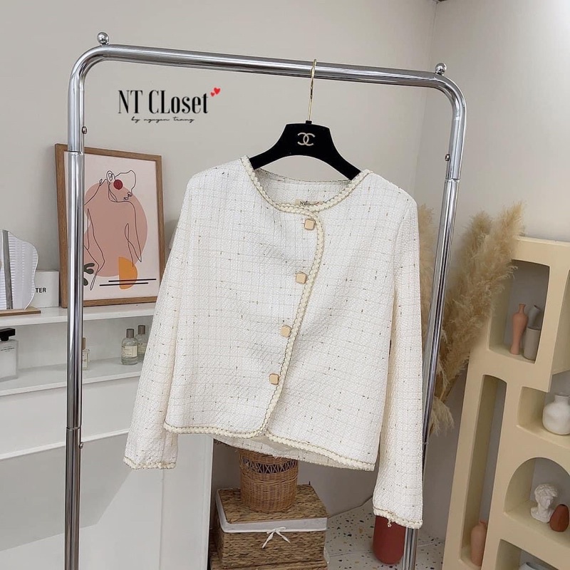 Áo dạ tweed trắng cúc đồng