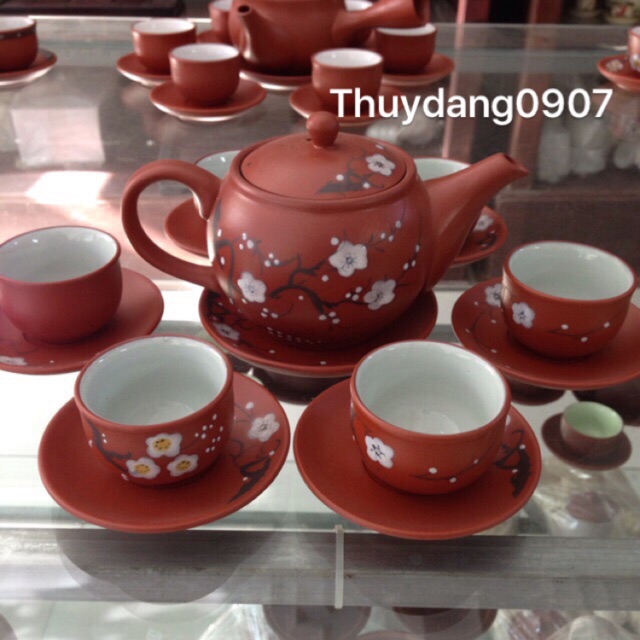 Bộ gốm uống trà hoa văn khắc có luôs lọc trà