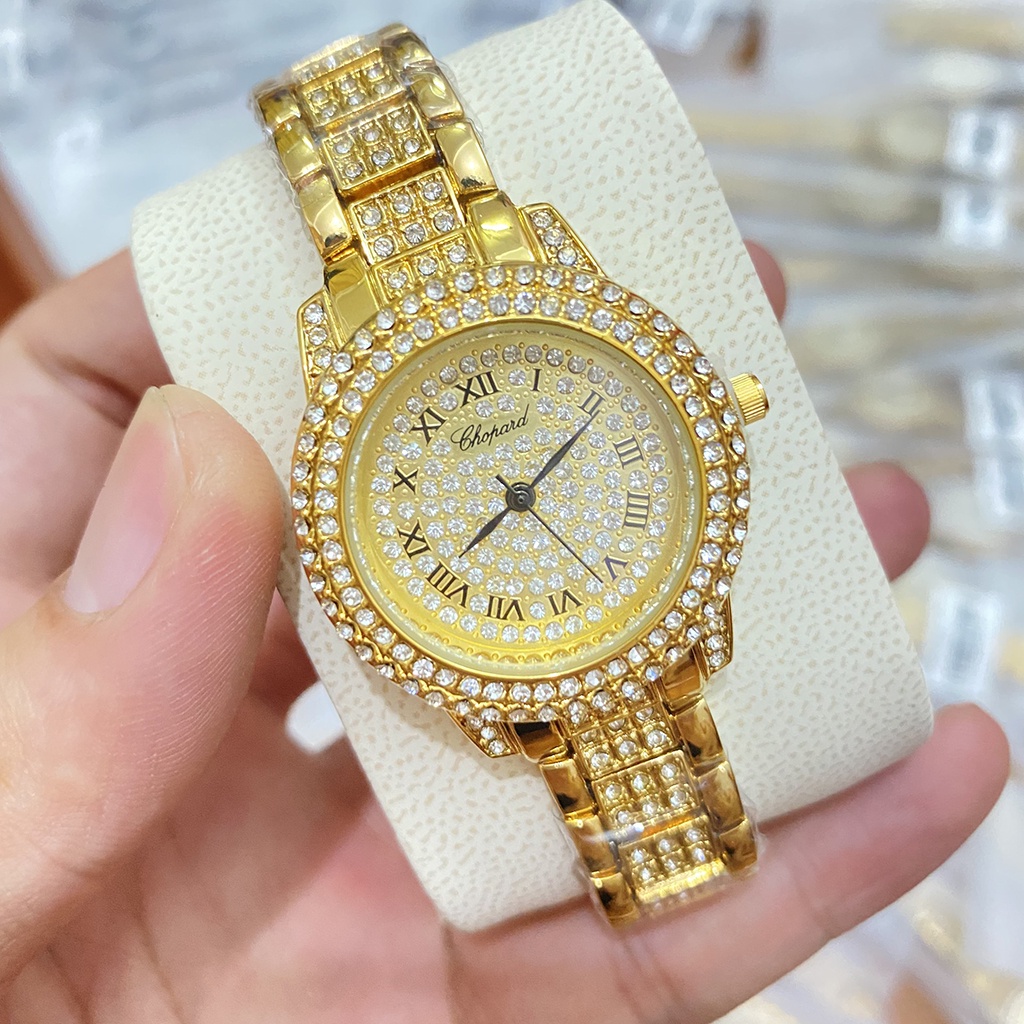 đồng hồ nữ chopard mặt tròn đính đá dây thép không gỉ sang trọng, chống nước, bảo hành 12 tháng