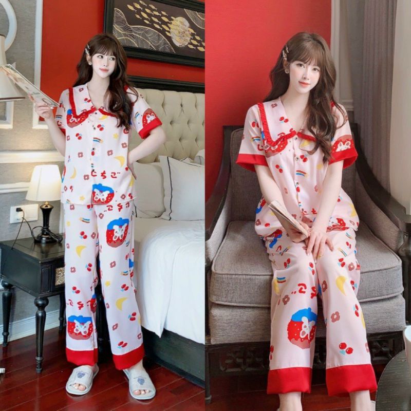 Bộ pijama tay ngắn quần dài cổ bèo tiểu thư lụa mango cao cấp